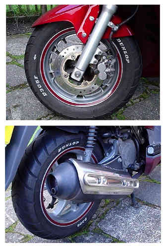 11MM 12" BURGUNDY RIM TAPES FITTED TO A HONDA DYLAN 125